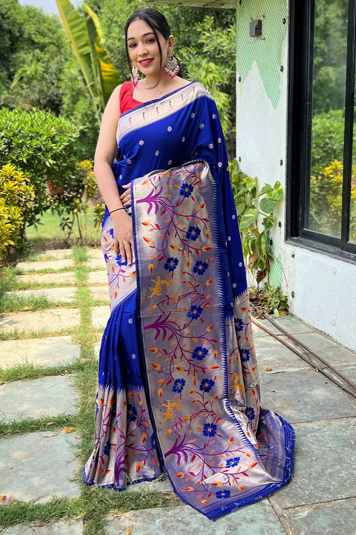 Blueberry Blue Zari Woven Paithani Silk Saree