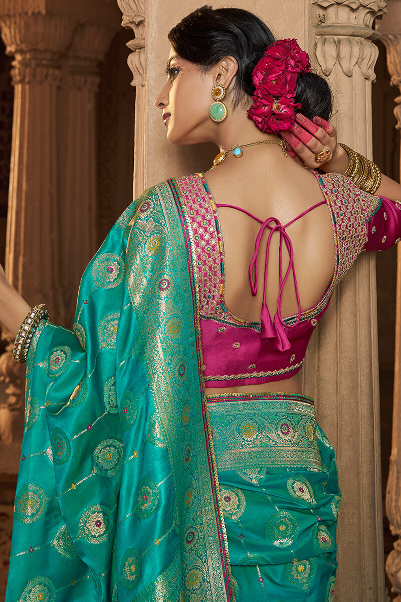 Bluish Green Banarasi Satin Silk Saree with Embroidery Blouse