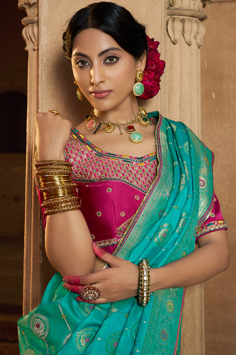 Bluish Green Banarasi Satin Silk Saree with Embroidery Blouse