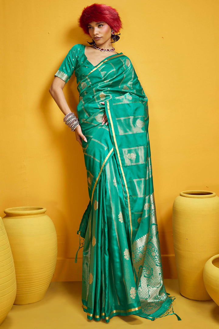 Bluish Green Banarasi Satin Silk Saree