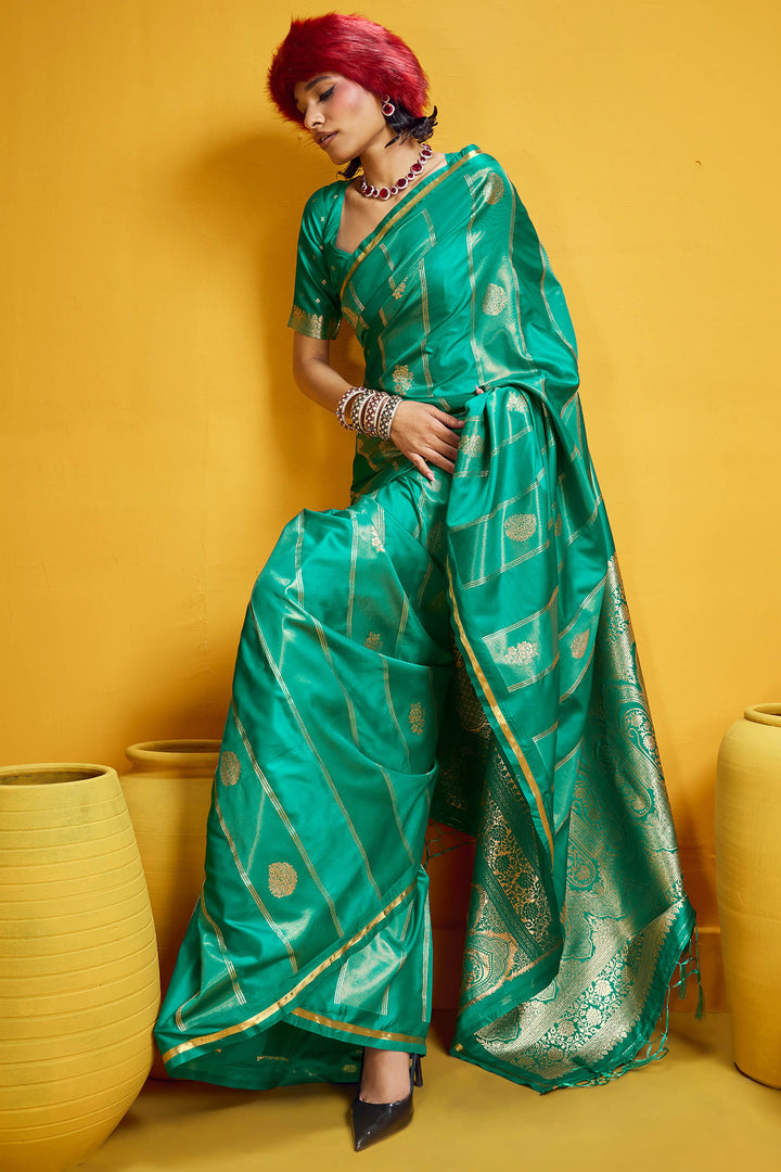 Bluish Green Banarasi Satin Silk Saree