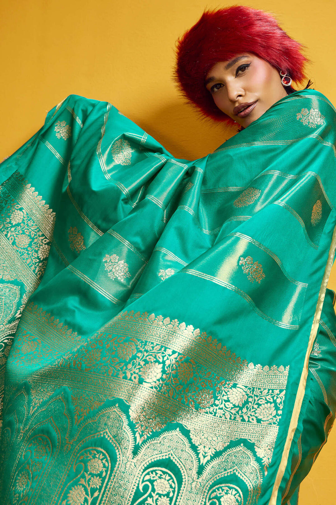 Bluish Green Banarasi Satin Silk Saree