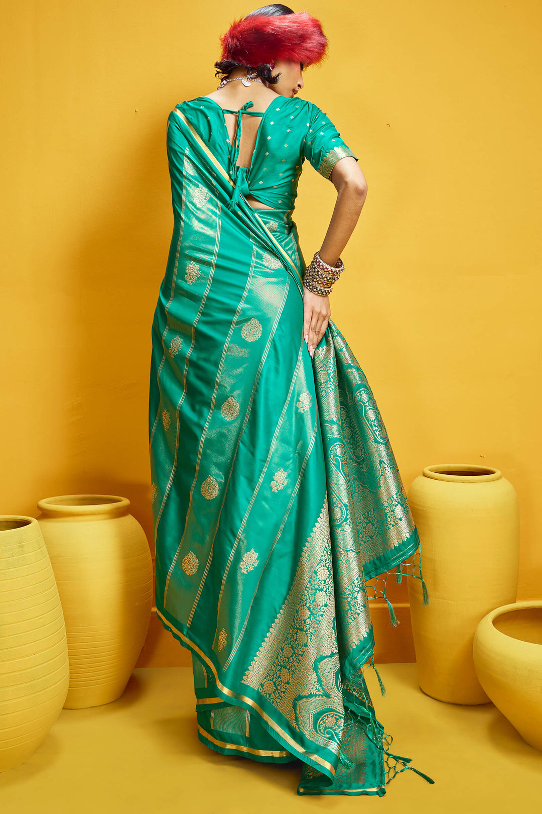 Bluish Green Banarasi Satin Silk Saree