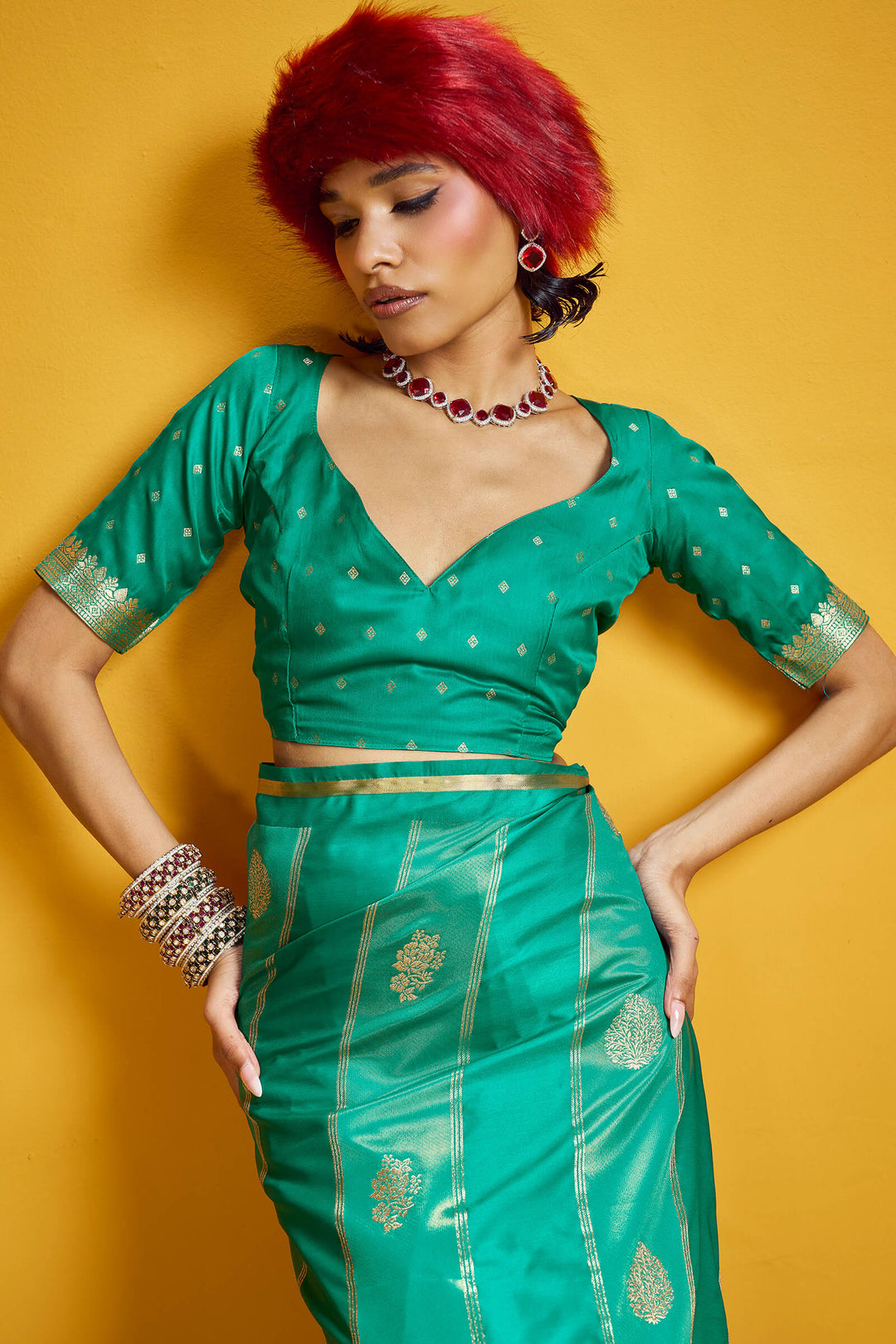 Bluish Green Banarasi Satin Silk Saree