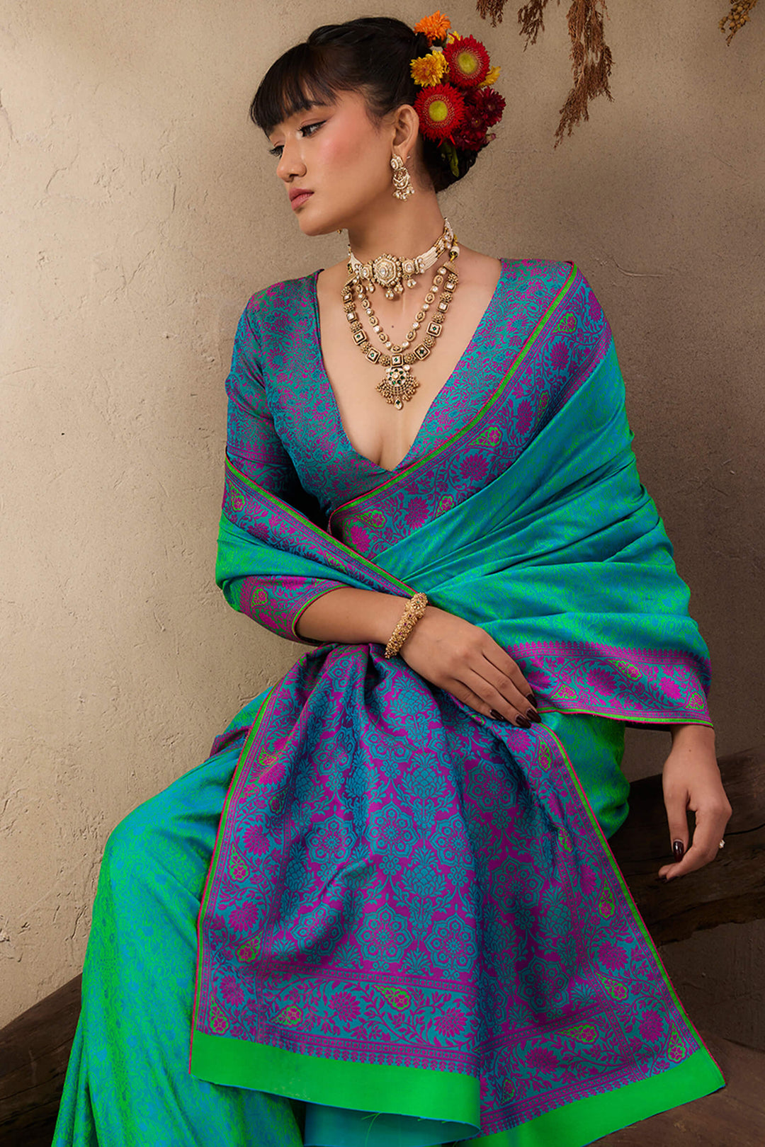Bluish Green Kanjivaram Silk Saree