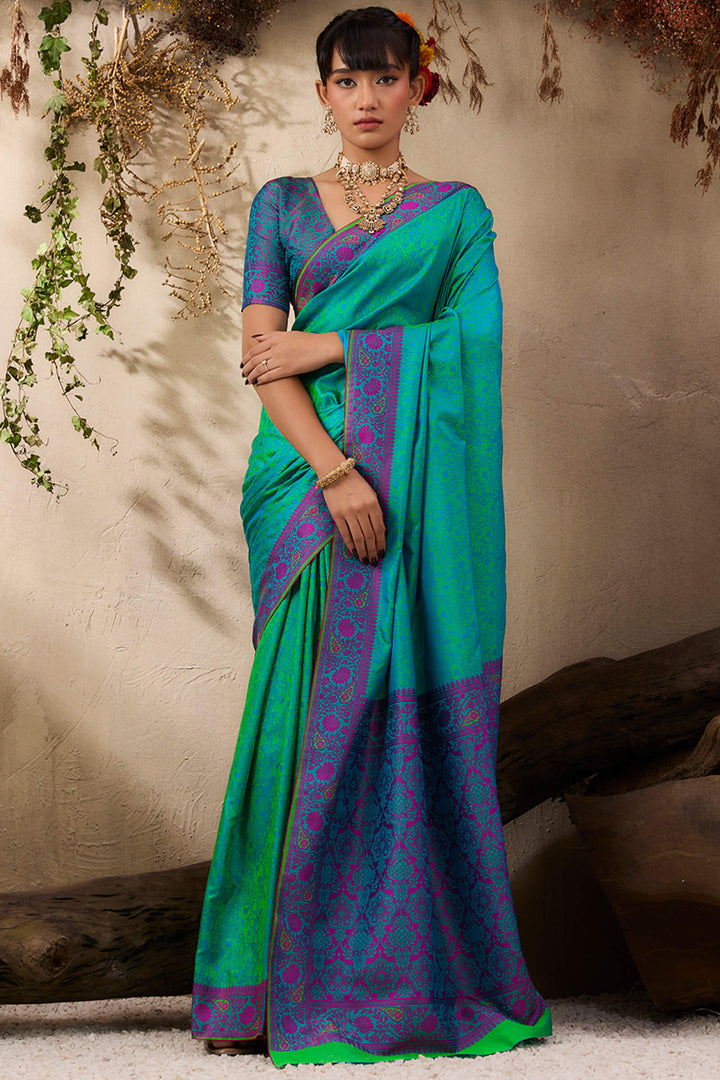 Bluish Green Kanjivaram Silk Saree
