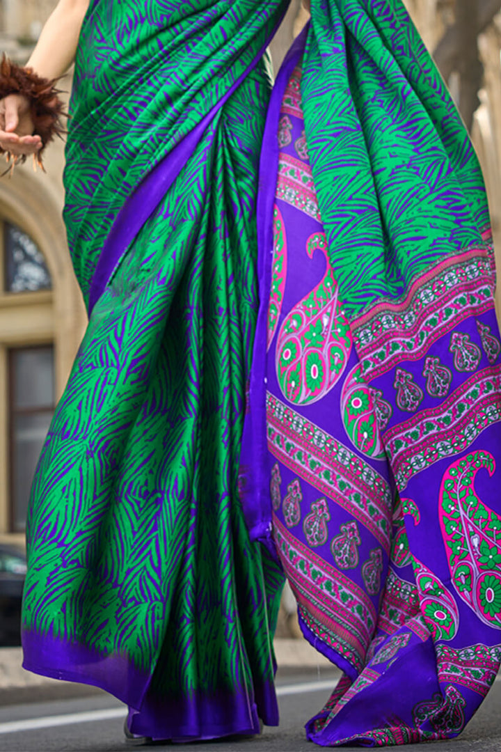 Bluish Green Printed Satin Silk Saree