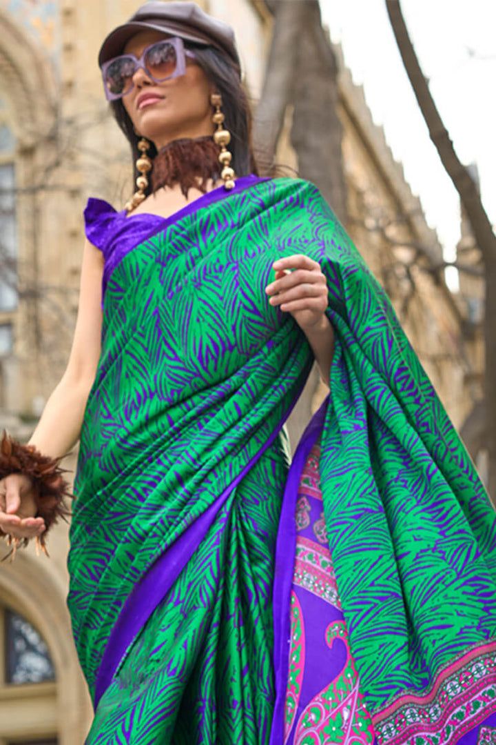 Bluish Green Printed Satin Silk Saree