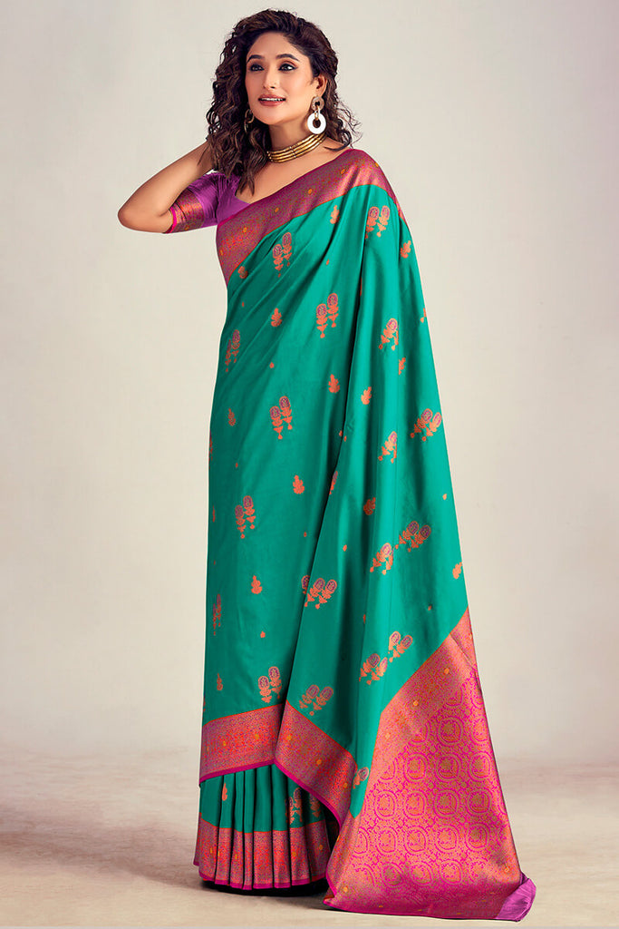 Bluish Green Soft Banarasi Silk Saree