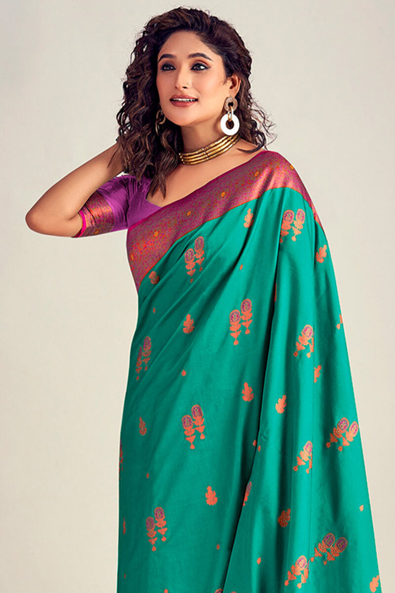 Bluish Green Soft Banarasi Silk Saree