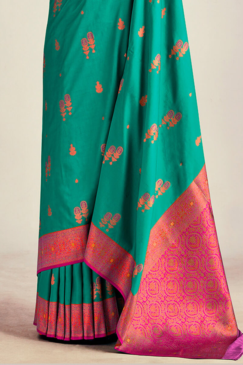 Bluish Green Soft Banarasi Silk Saree