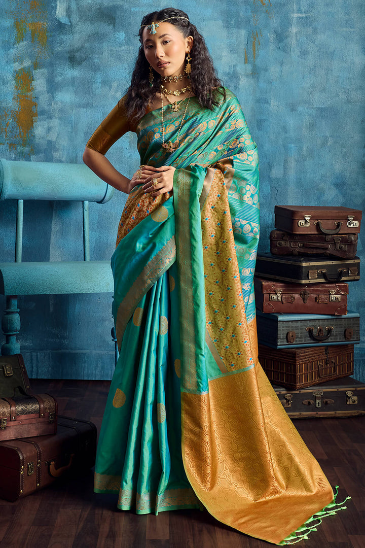 Bluish Green Soft Pochampally Silk Saree