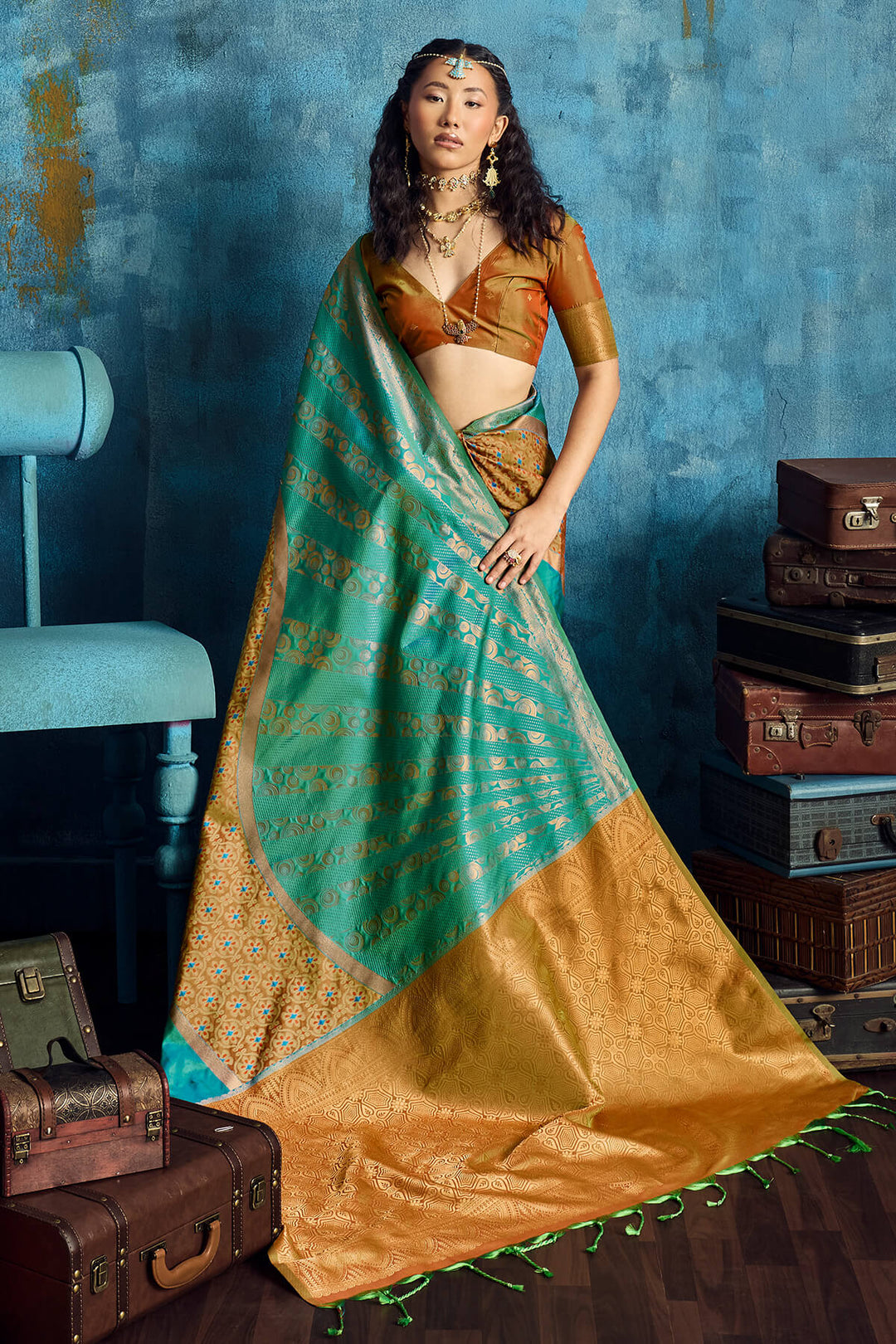 Bluish Green Soft Pochampally Silk Saree