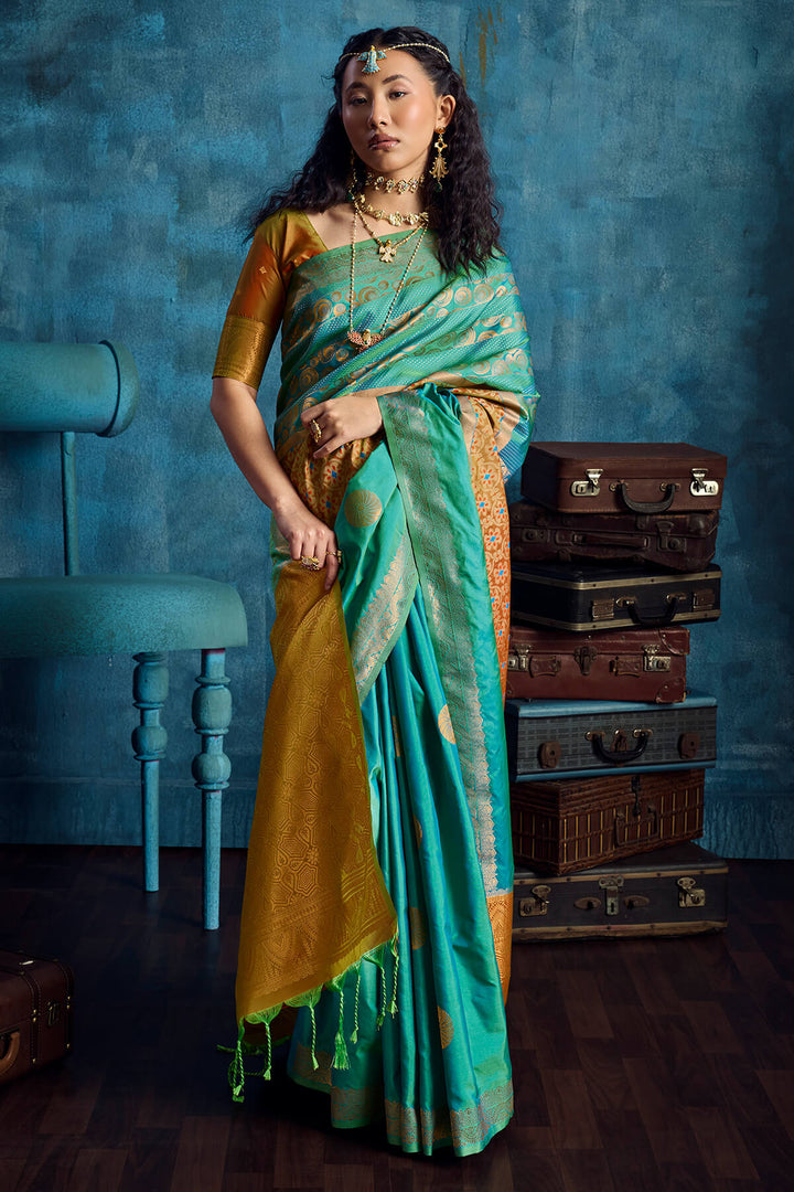 Bluish Green Soft Pochampally Silk Saree