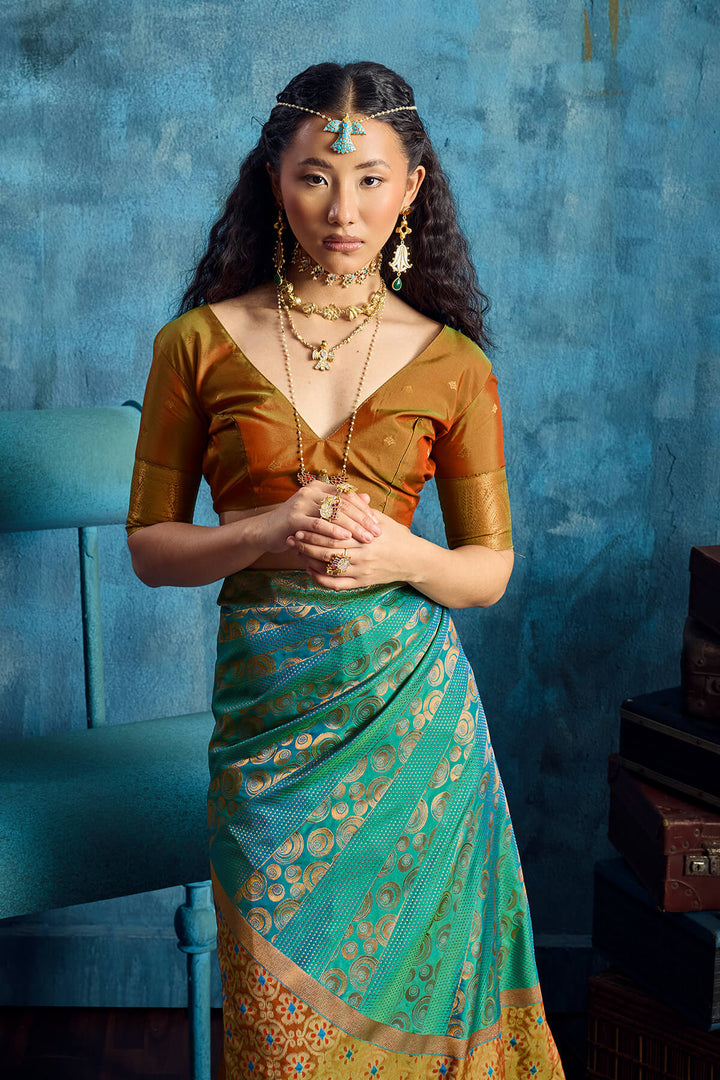 Bluish Green Soft Pochampally Silk Saree