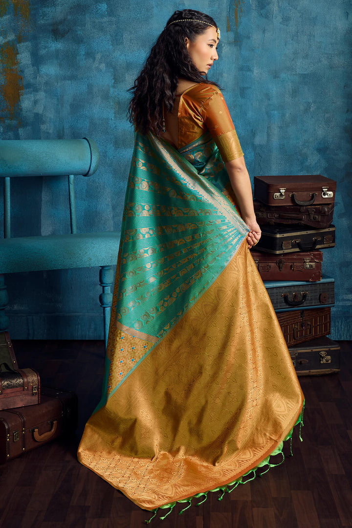 Bluish Green Soft Pochampally Silk Saree