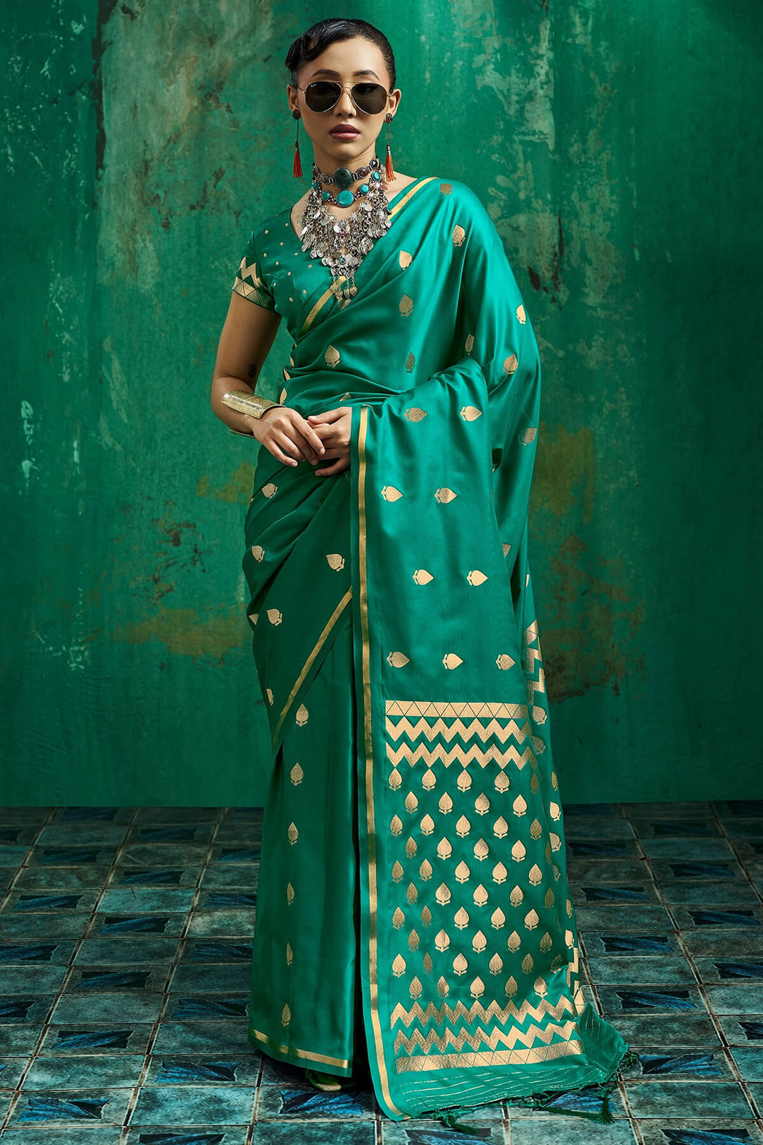 Bluish Green Zari woven Banarasi Satin silk saree