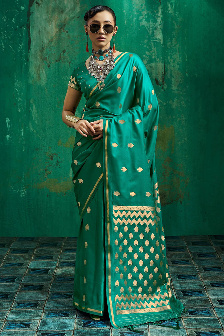 Bluish Green Zari woven Banarasi Satin silk saree