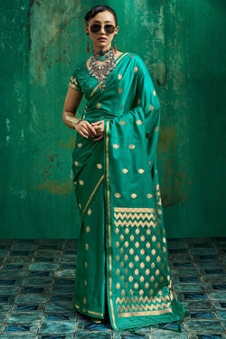 Bluish Green Zari woven Banarasi Satin silk saree