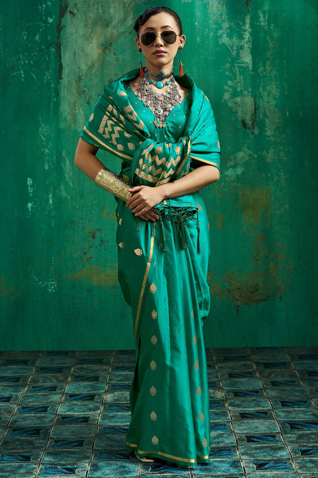 Bluish Green Zari woven Banarasi Satin silk saree