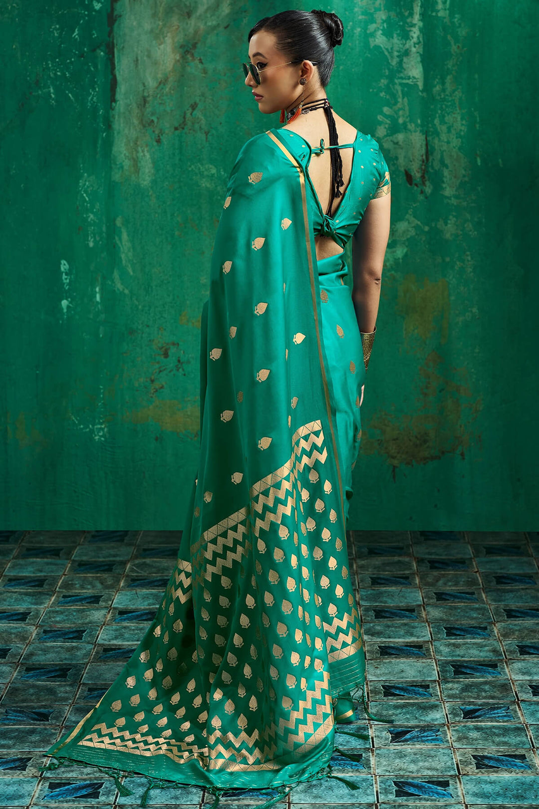 Bluish Green Zari woven Banarasi Satin silk saree