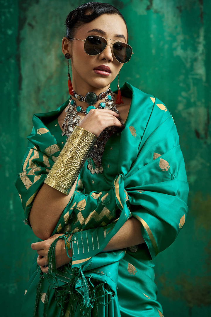 Bluish Green Zari woven Banarasi Satin silk saree