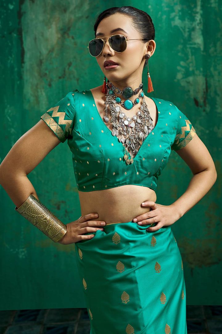 Bluish Green Zari woven Banarasi Satin silk saree
