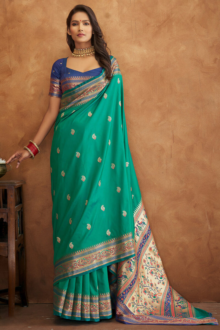 Bluish Green Zari Woven Banarasi Silk Saree