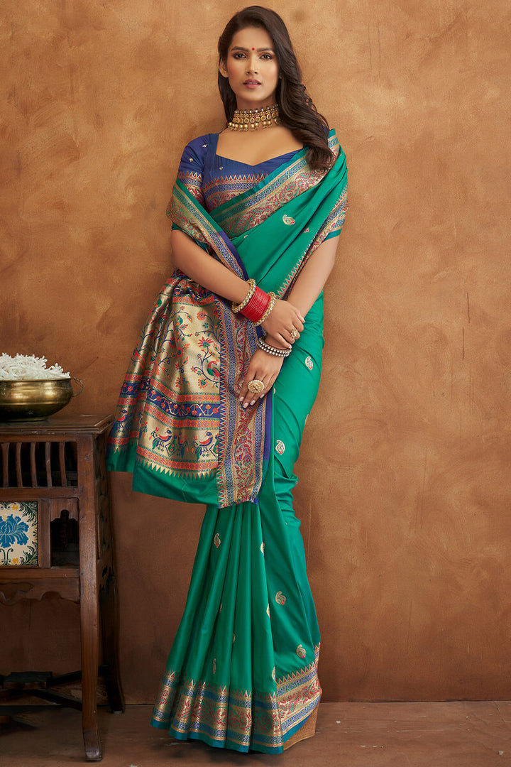 Bluish Green Zari Woven Banarasi Silk Saree