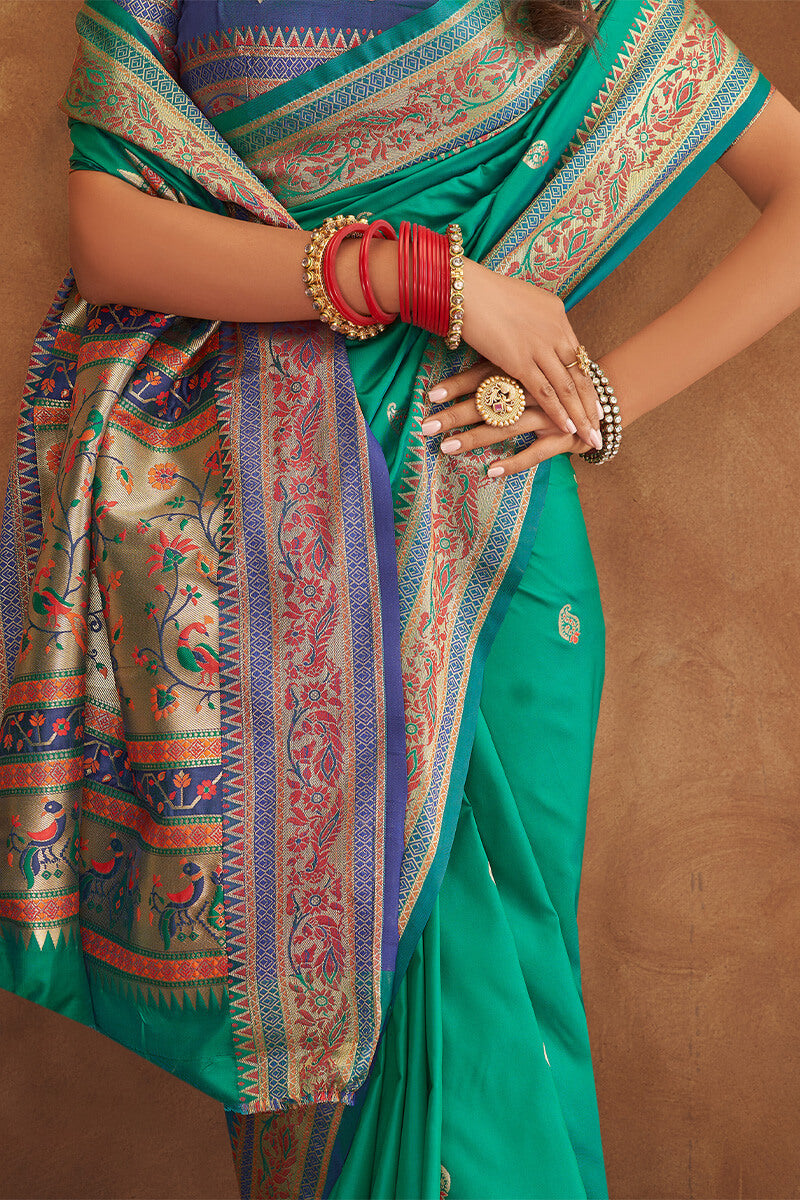 Bluish Green Zari Woven Banarasi Silk Saree