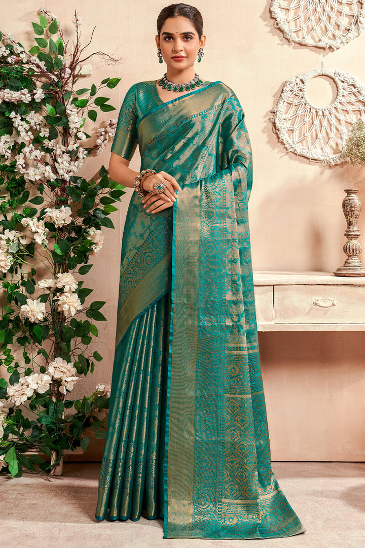 Bluish Green Zari Woven Kanjivaram Silk Saree