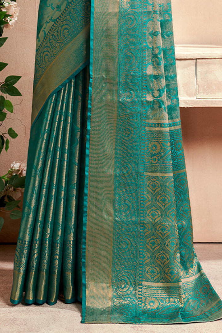 Bluish Green Zari Woven Kanjivaram Silk Saree