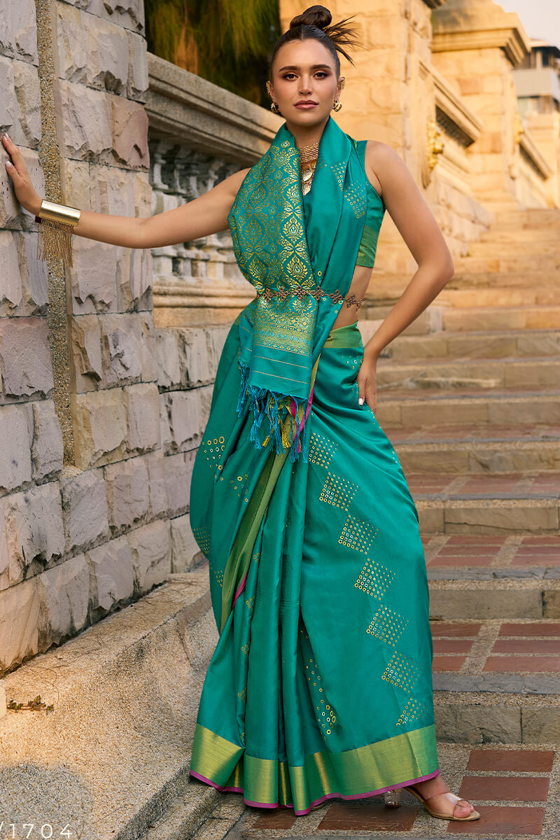 Bluish Green Zari Woven Soft Silk Saree