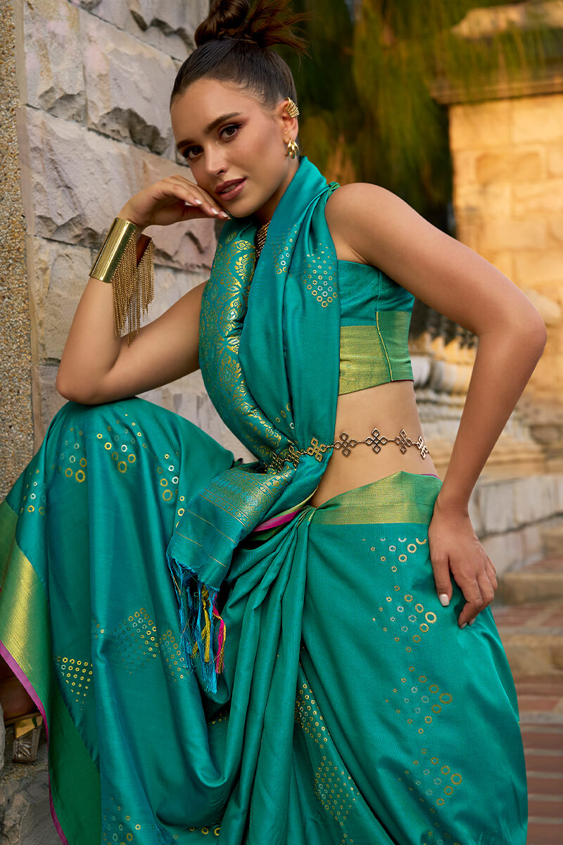 Bluish Green Zari Woven Soft Silk Saree