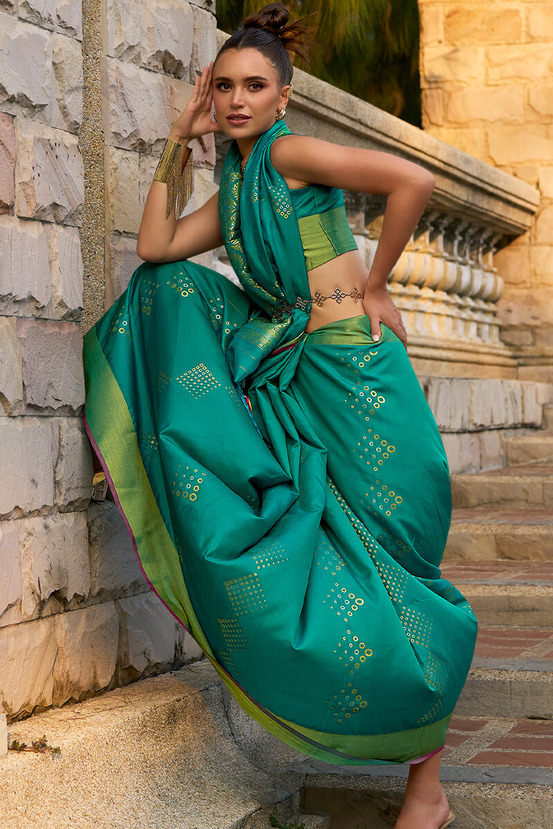 Bluish Green Zari Woven Soft Silk Saree