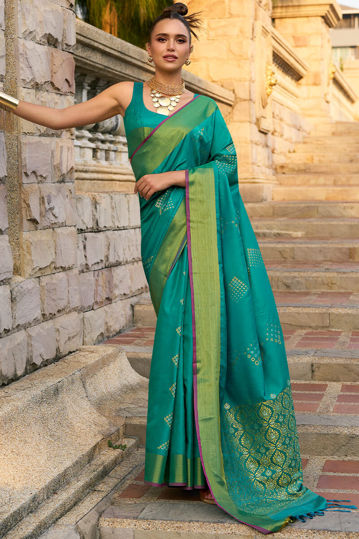 Bluish Green Zari Woven Soft Silk Saree