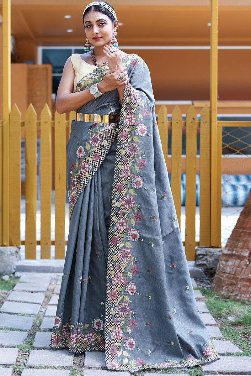 Bluish Grey Embroidered Work Designer Saree