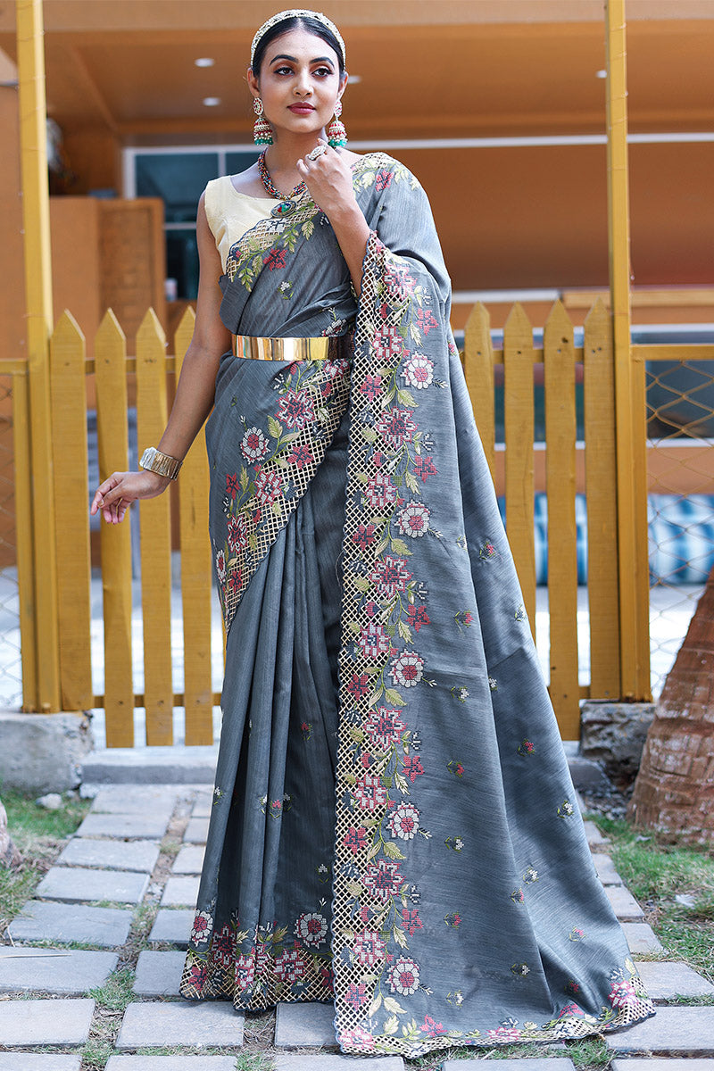 Bluish Grey Embroidered Work Designer Saree