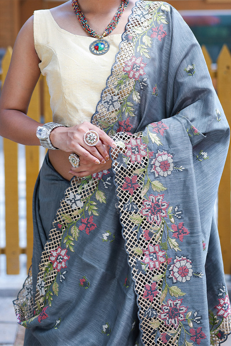 Bluish Grey Embroidered Work Designer Saree