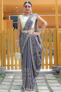 Bluish Grey Embroidered Work Soft Silk Saree