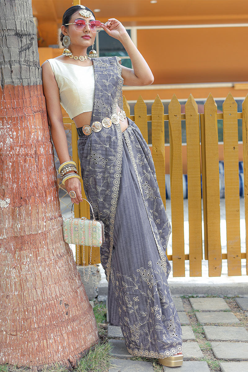 Bluish Grey Embroidered Work Soft Silk Saree