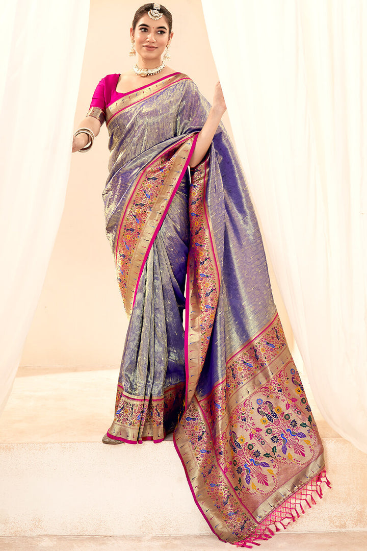 Bluish Grey Paithani Tissue Silk Saree