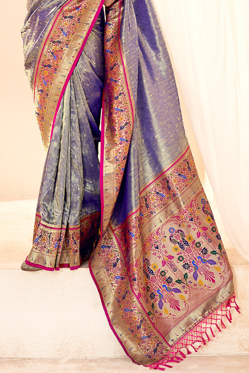 Bluish Grey Paithani Tissue Silk Saree