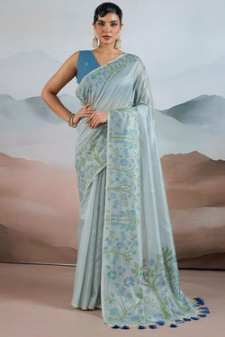 Bluish Grey Pure Tissue Silk Saree