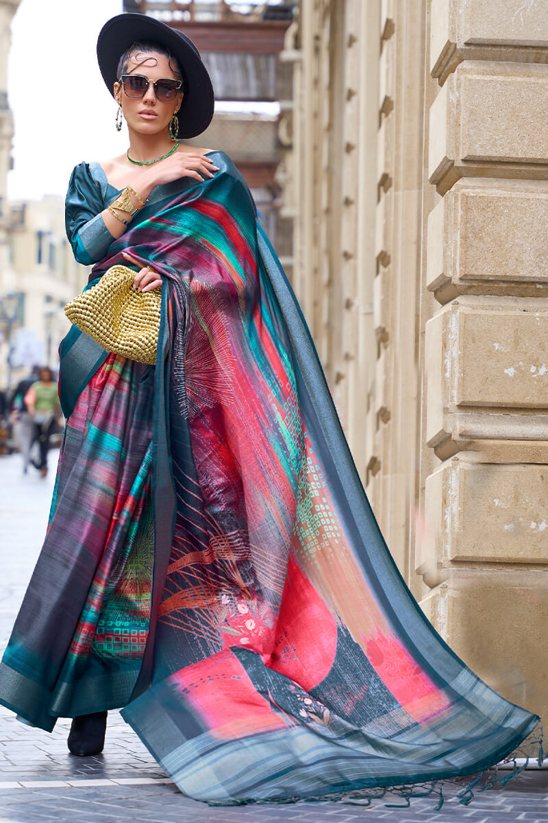 Bluish Multicolor Printed Silk Saree