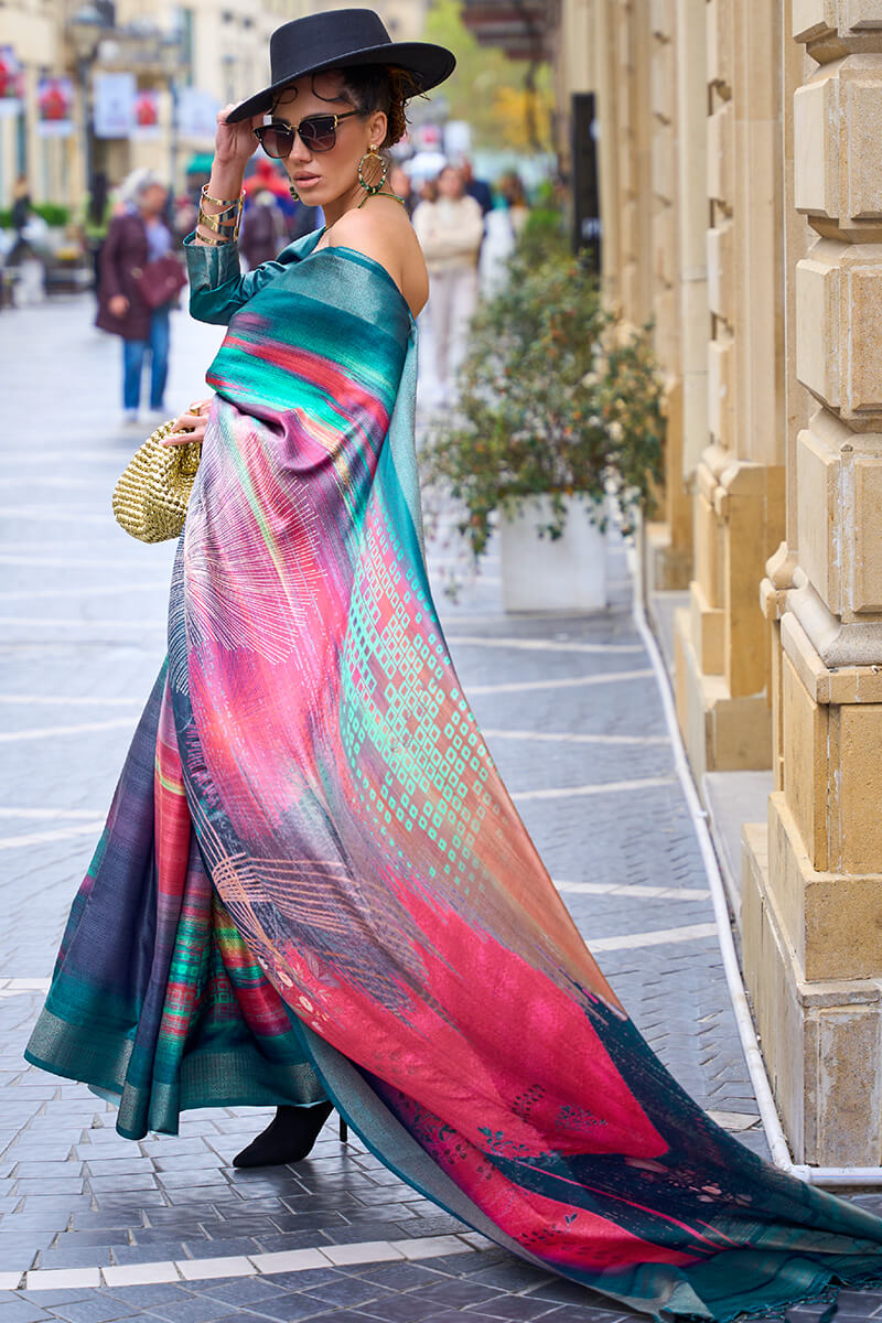 Bluish Multicolor Printed Silk Saree