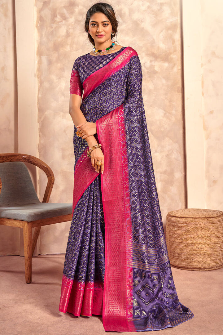 Bluish Purple Foil Printed Dola Silk Saree