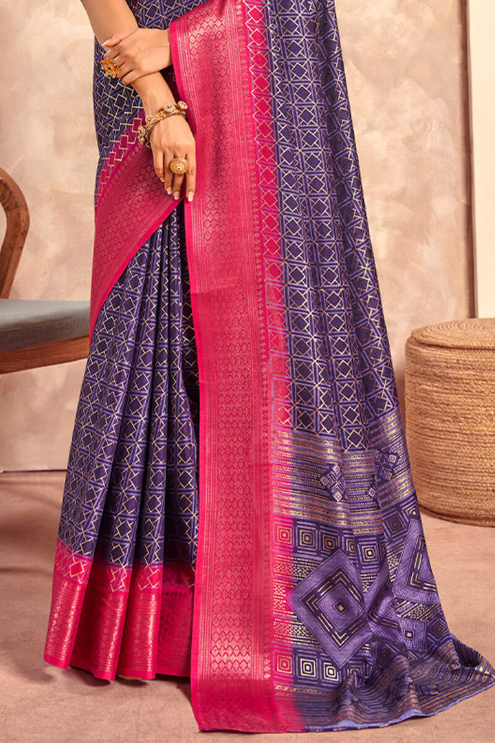 Bluish Purple Foil Printed Dola Silk Saree