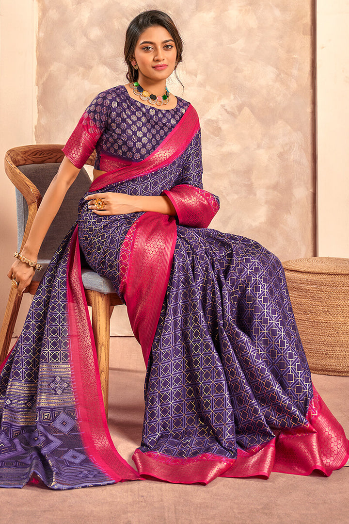 Bluish Purple Foil Printed Dola Silk Saree