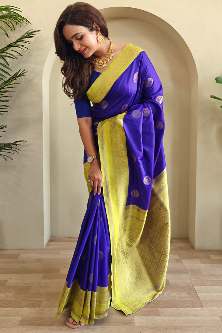 Bluish Purple Zari Woven Soft Banarasi Silk Saree